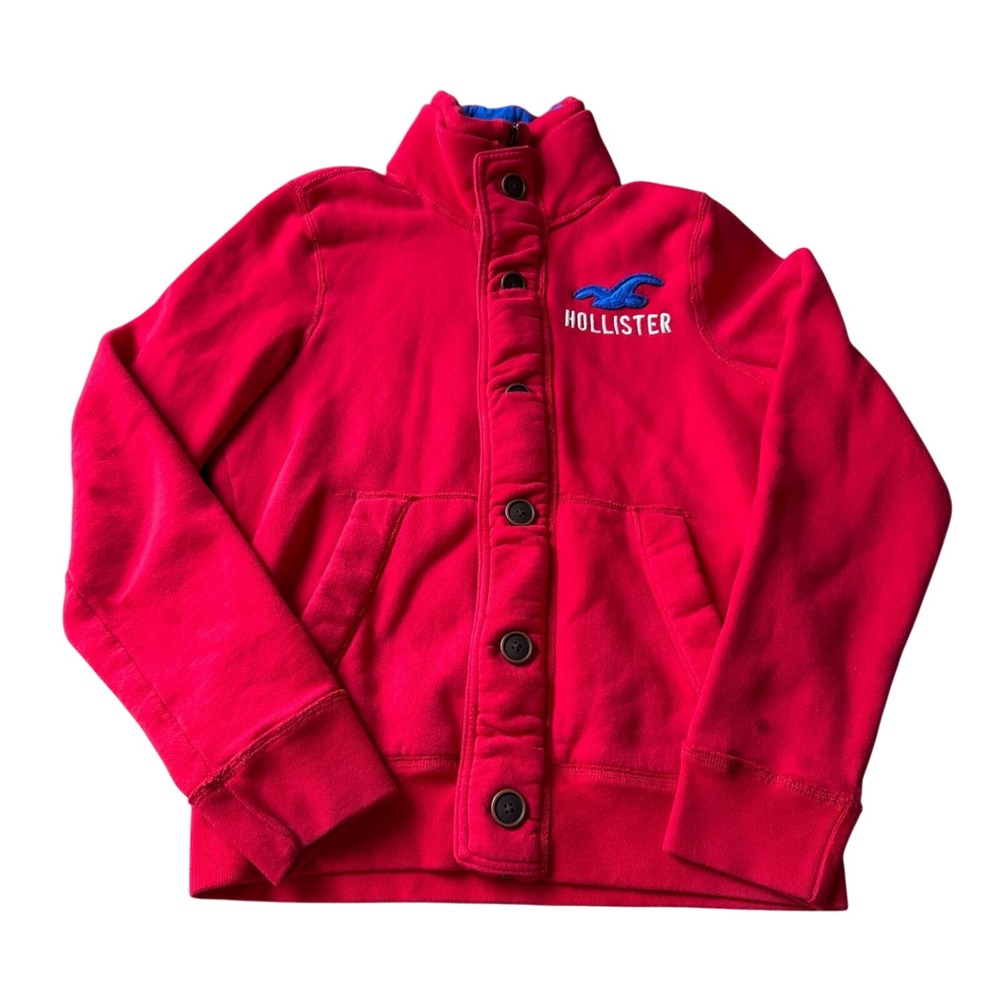 Hollister Mens Red Full Zip Button Front Fleece Lined Mock Neck Sweatshirt L